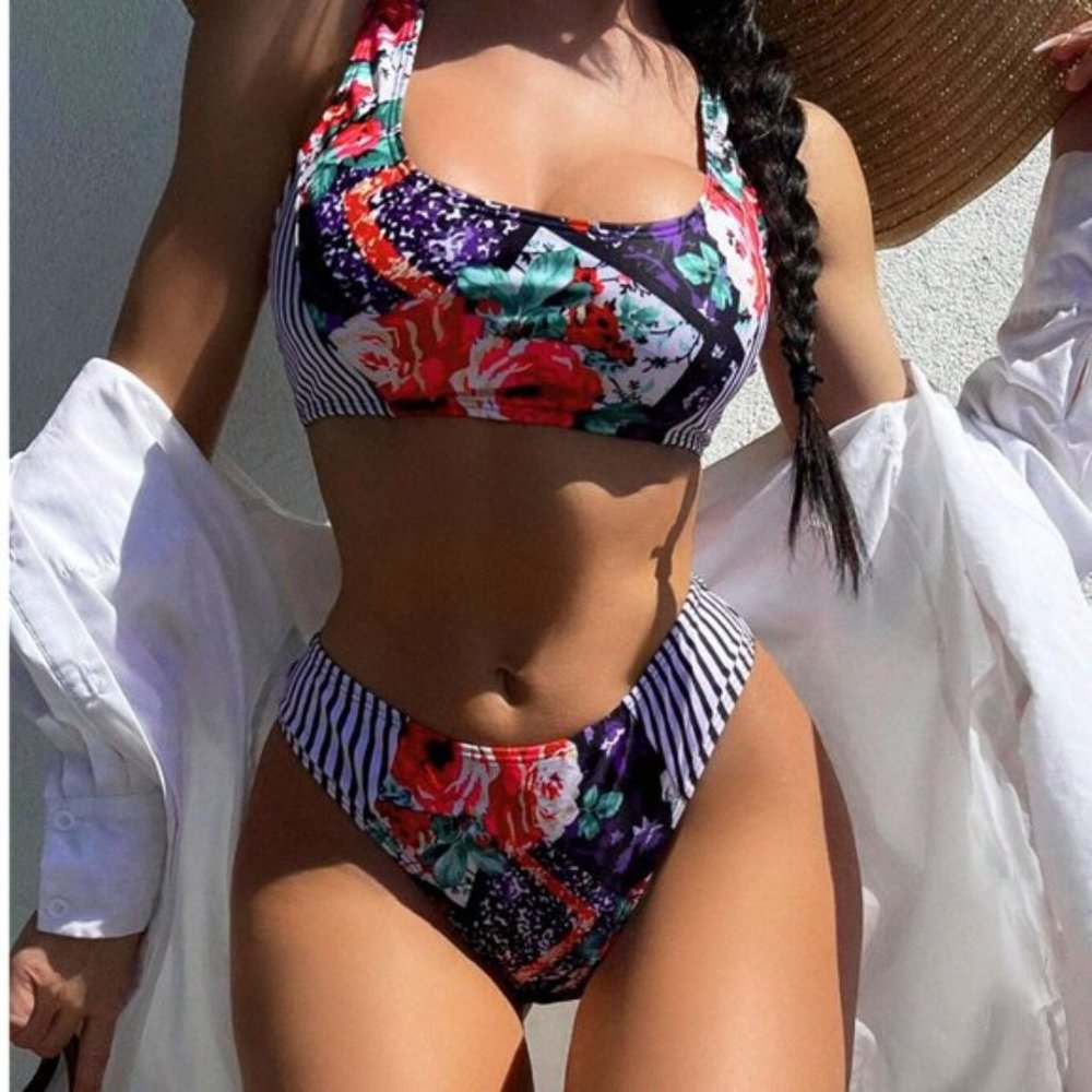 Floral & Striped Print Criss Cross Bikini Swimsuit